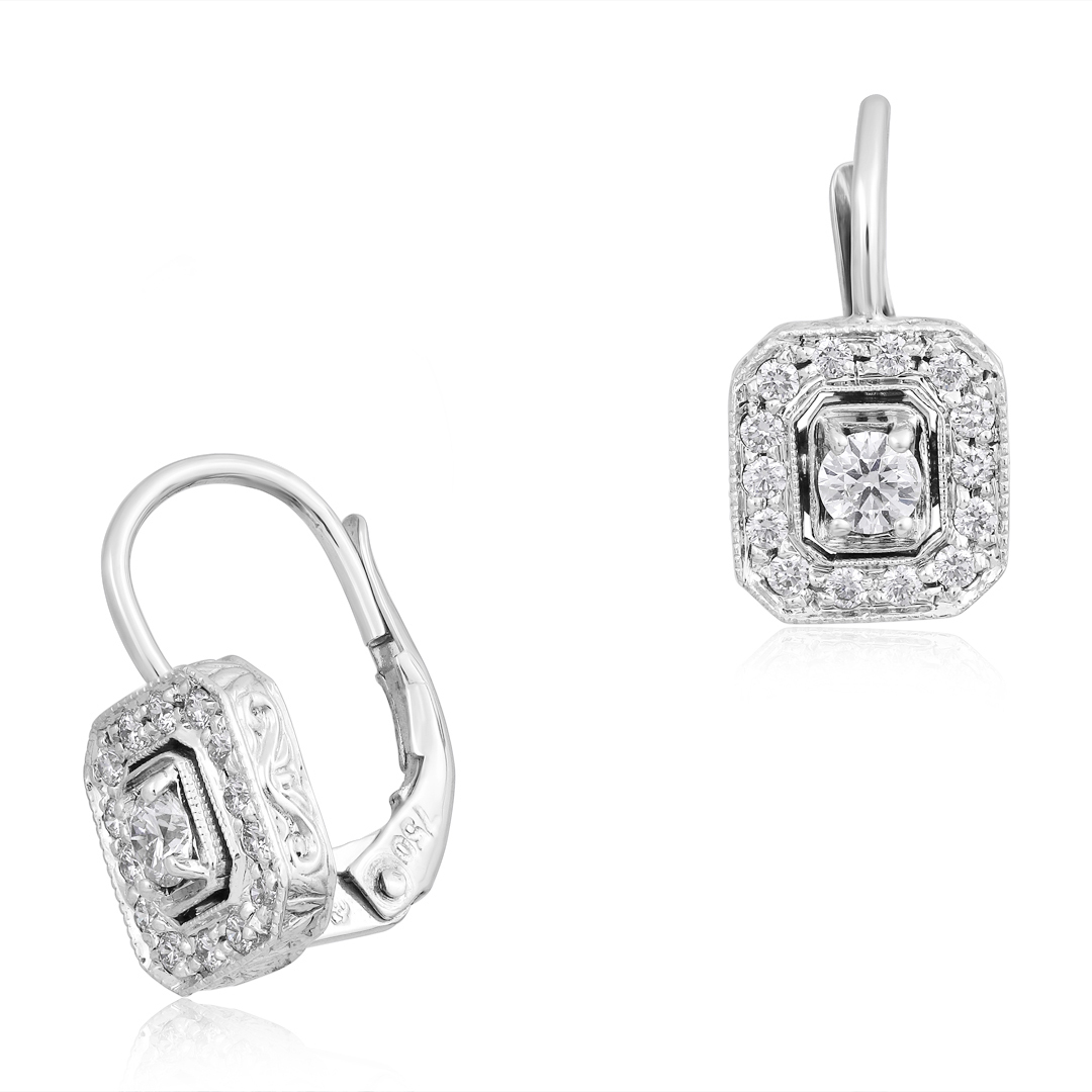 18K White Gold Emerald Shaped Station Diamond Earrings