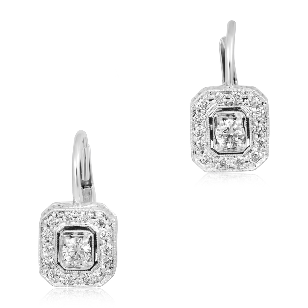 18K White Gold Emerald Shaped Station Diamond Earrings