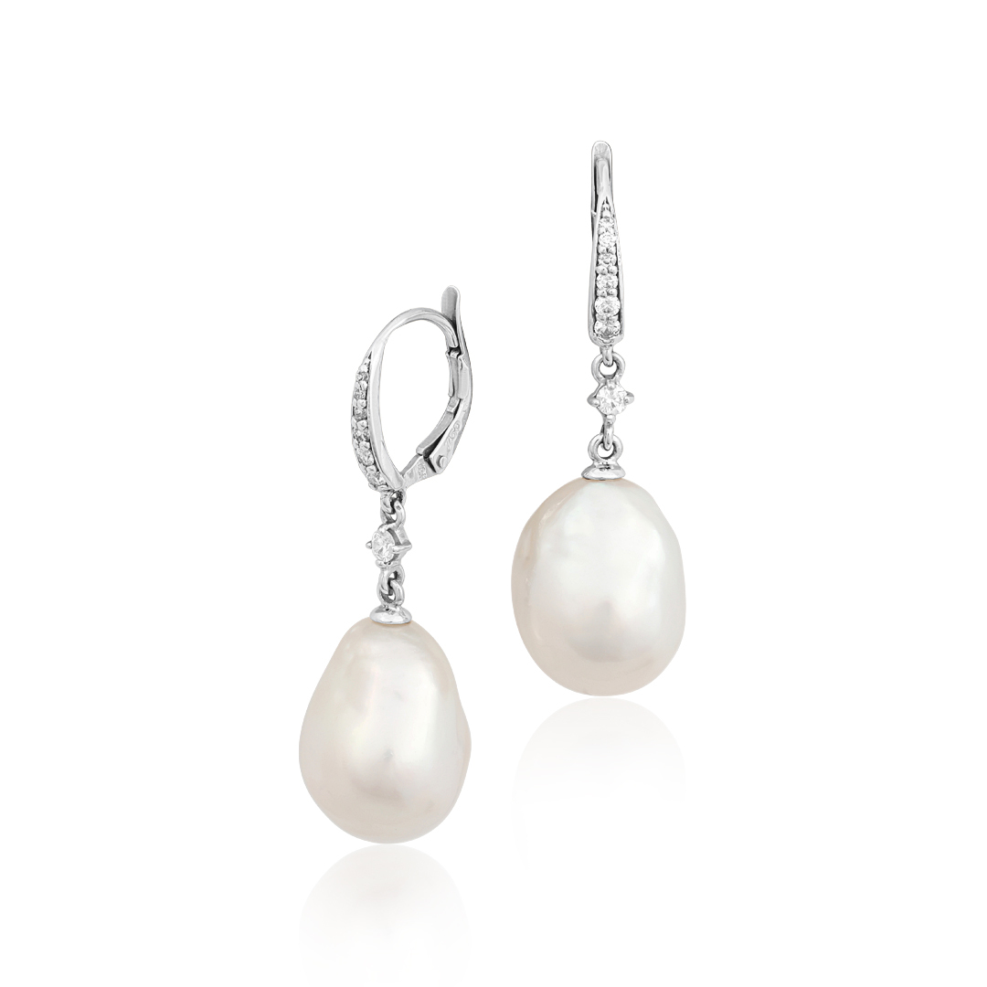Penny Preville 18K White Gold Baroque Pearl Drop Earrings With Diamonds