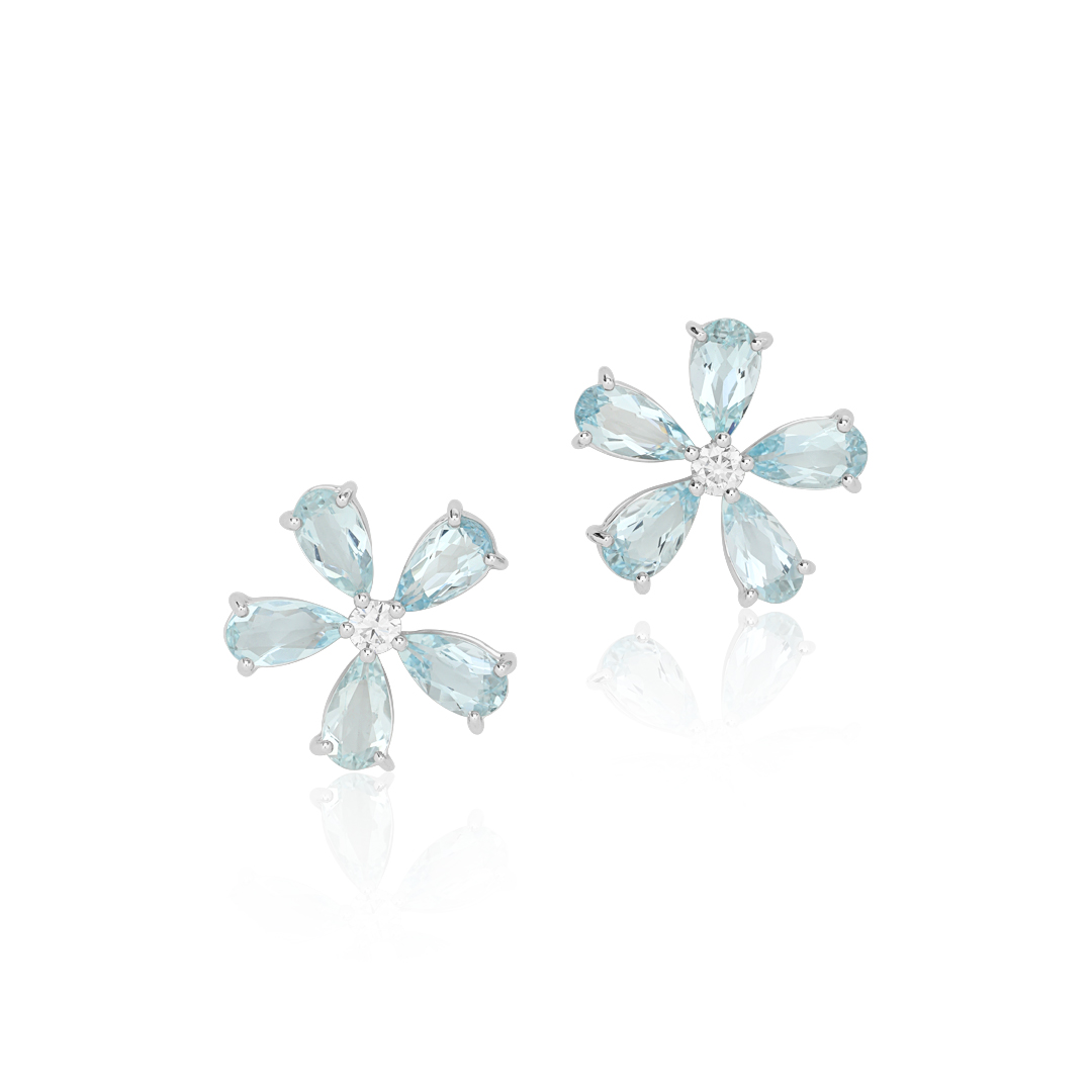18K White Gold Aquamarine and Diamond Flower Earrings