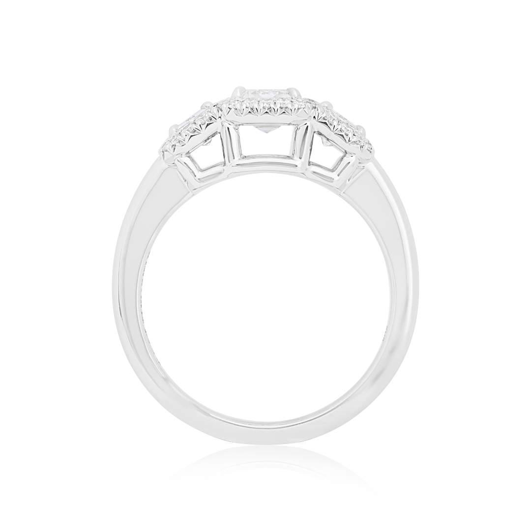 18K White Gold and Diamond Three Stone Engagement Ring with Diamond Halo