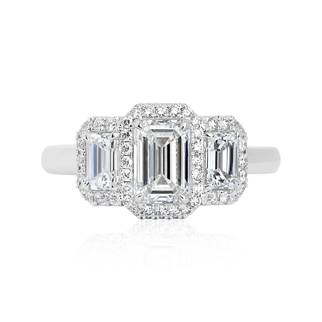 18K White Gold and Diamond Three Stone Engagement Ring with Diamond Halo