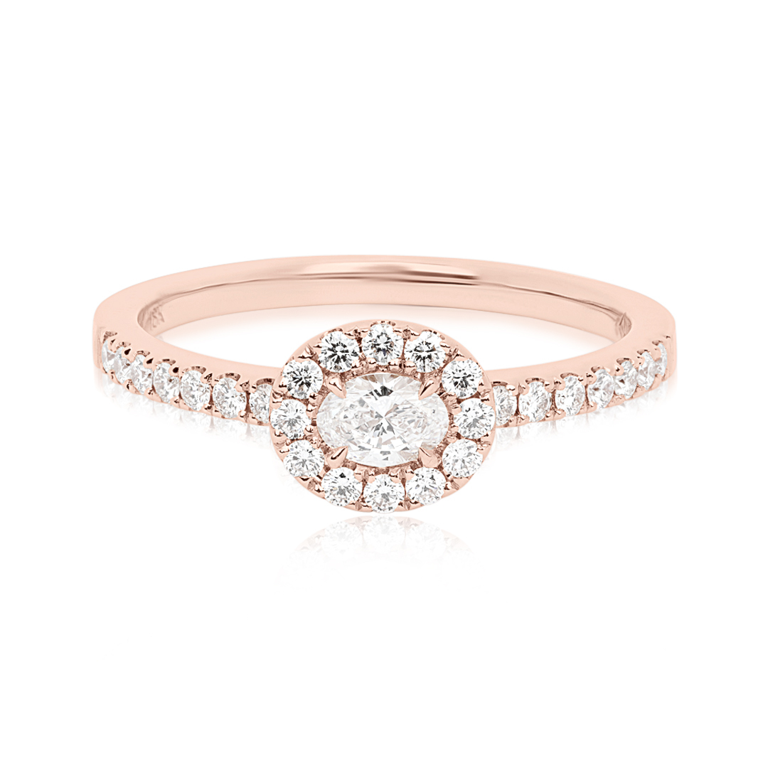 18K Rose Gold Diamond Halo Engagement Ring with Oval Center