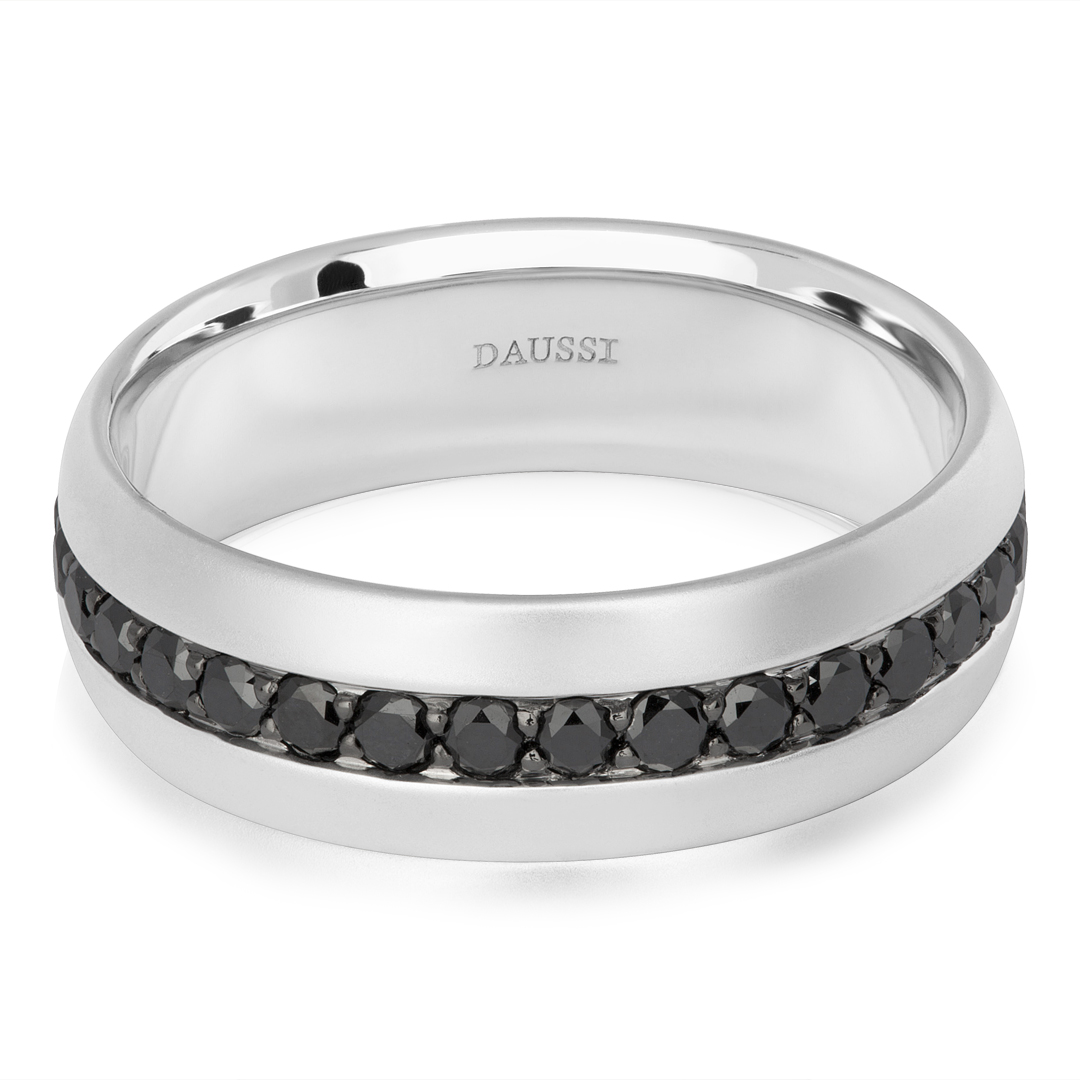 Henri Daussi 14K White Gold Matte Finish Black Diamond Men's Wedding Band