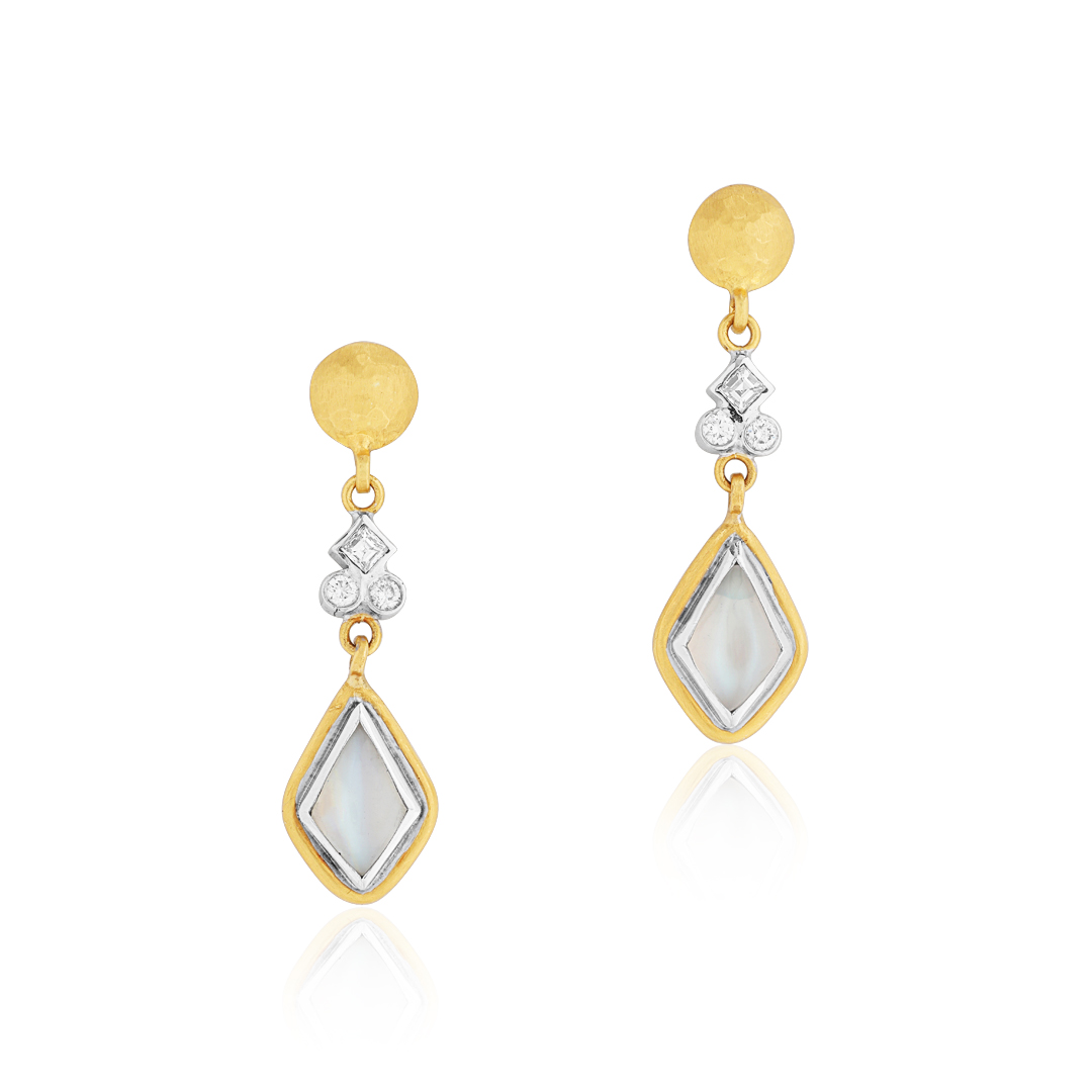 Sterling Silver and 22K Yellow Gold Diamond and Moonstone Earrings itemprop=