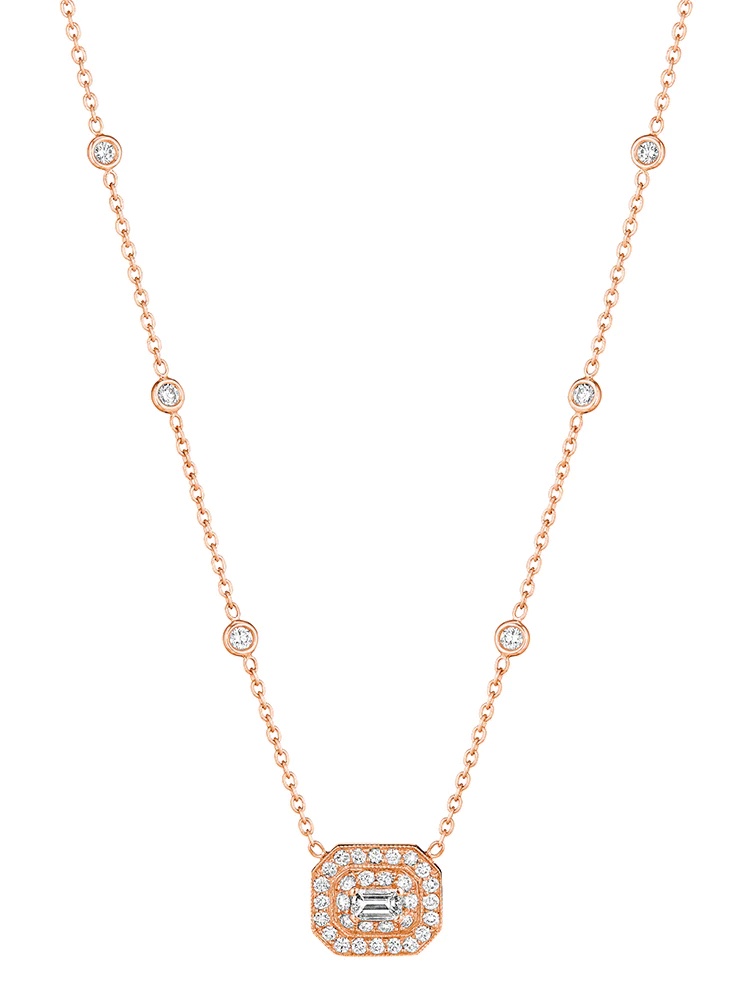18K Rose Gold Emerald Cut Art Deco Diamond Necklace