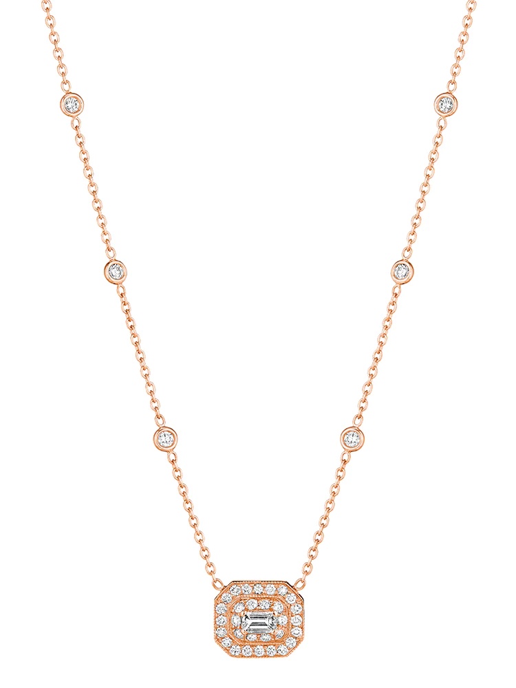 18K Rose Gold Emerald Cut Art Deco Diamond Necklace