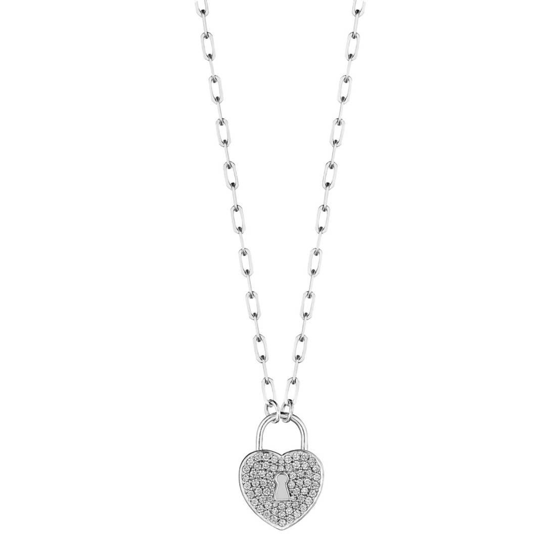 18K White Gold Heart Charm with Lock Diamond Pendant Necklace