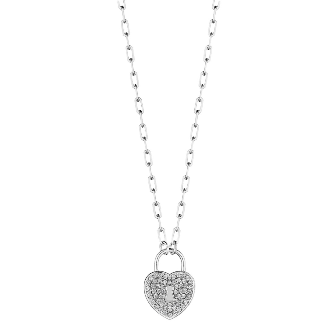 18K White Gold Heart Charm with Lock Diamond Pendant Necklace