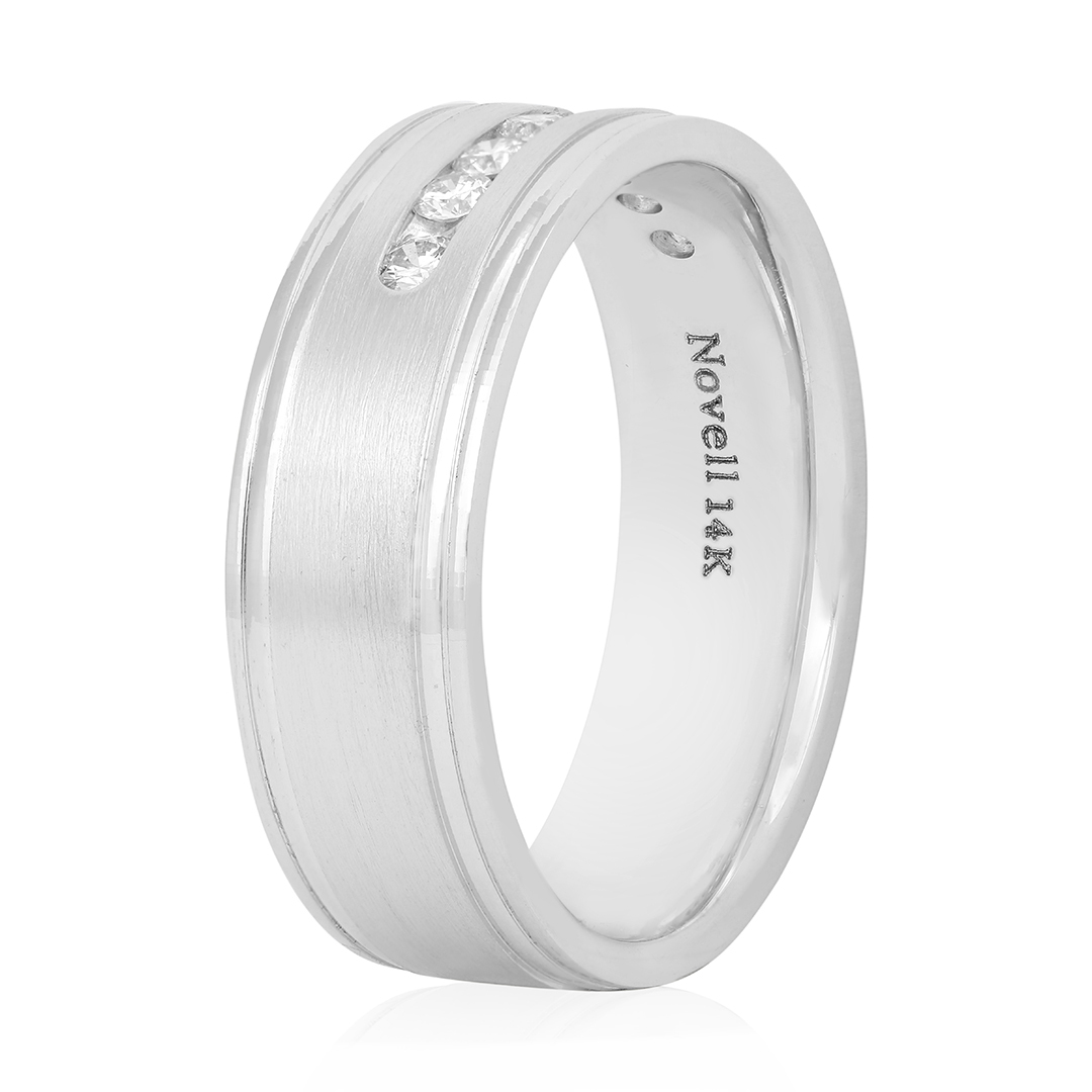 Novell Men's 14K White Gold Grooved Edge Channel Set Diamond Men's Wedding Band