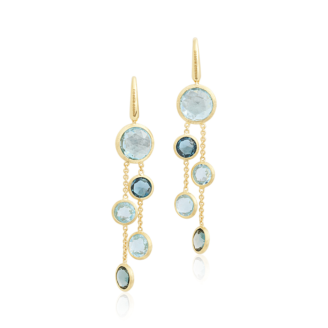 Marco Bicego 18K Yellow Gold Jaipur Collection Brused Finish Faceted Blue Topaz Drop Earrings on French Wire Backs