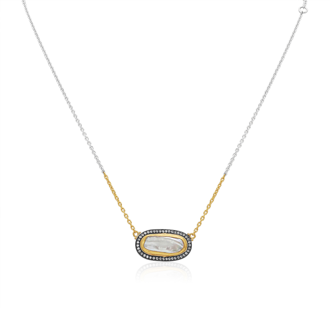 Oxidized Sterling Silver and 24K Yellow Gold Pearl and Cognac Diamond Pendant Necklace itemprop=