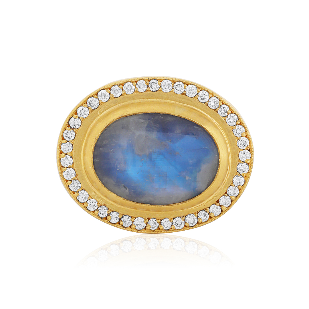 Oxidized Sterling Silver and 24K Yellow Gold Diamond and Moonstone Ring - POM-R-151-GXDMS-2