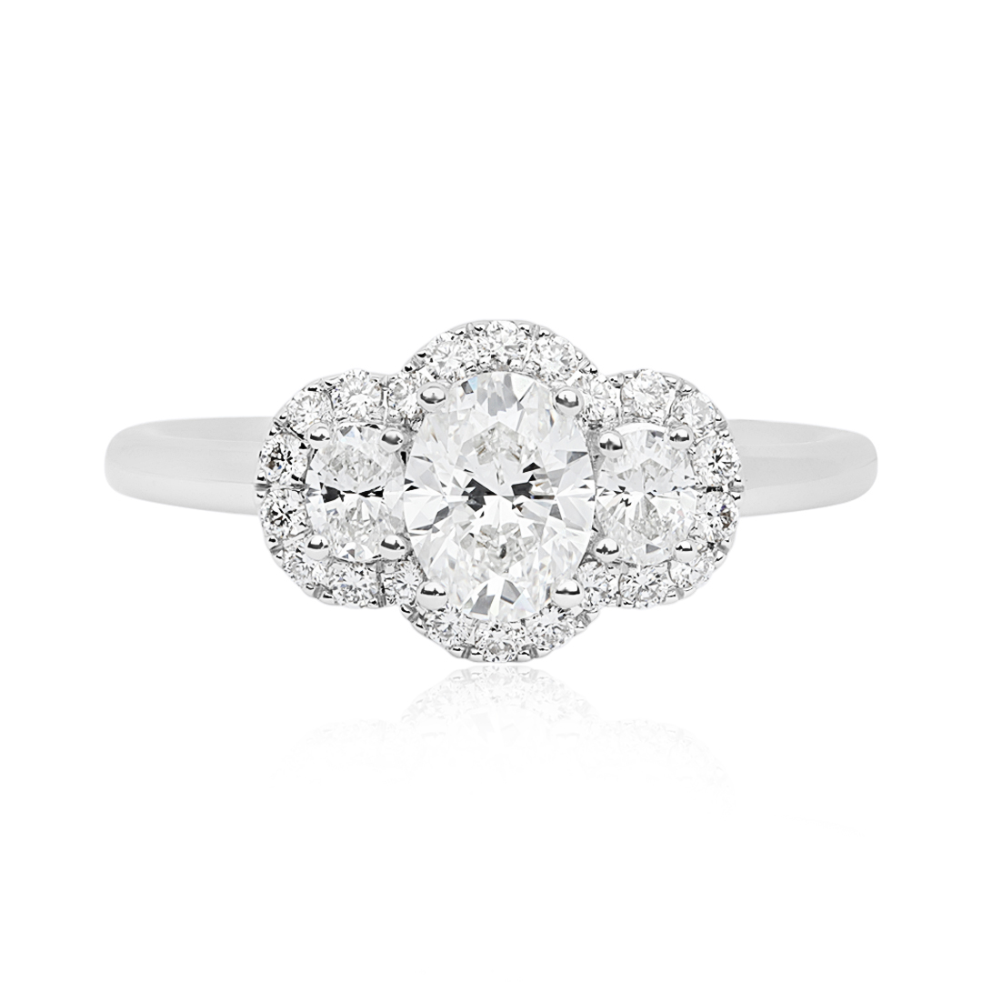 18K White Gold three Stone Diamond Halo Engagement Ring