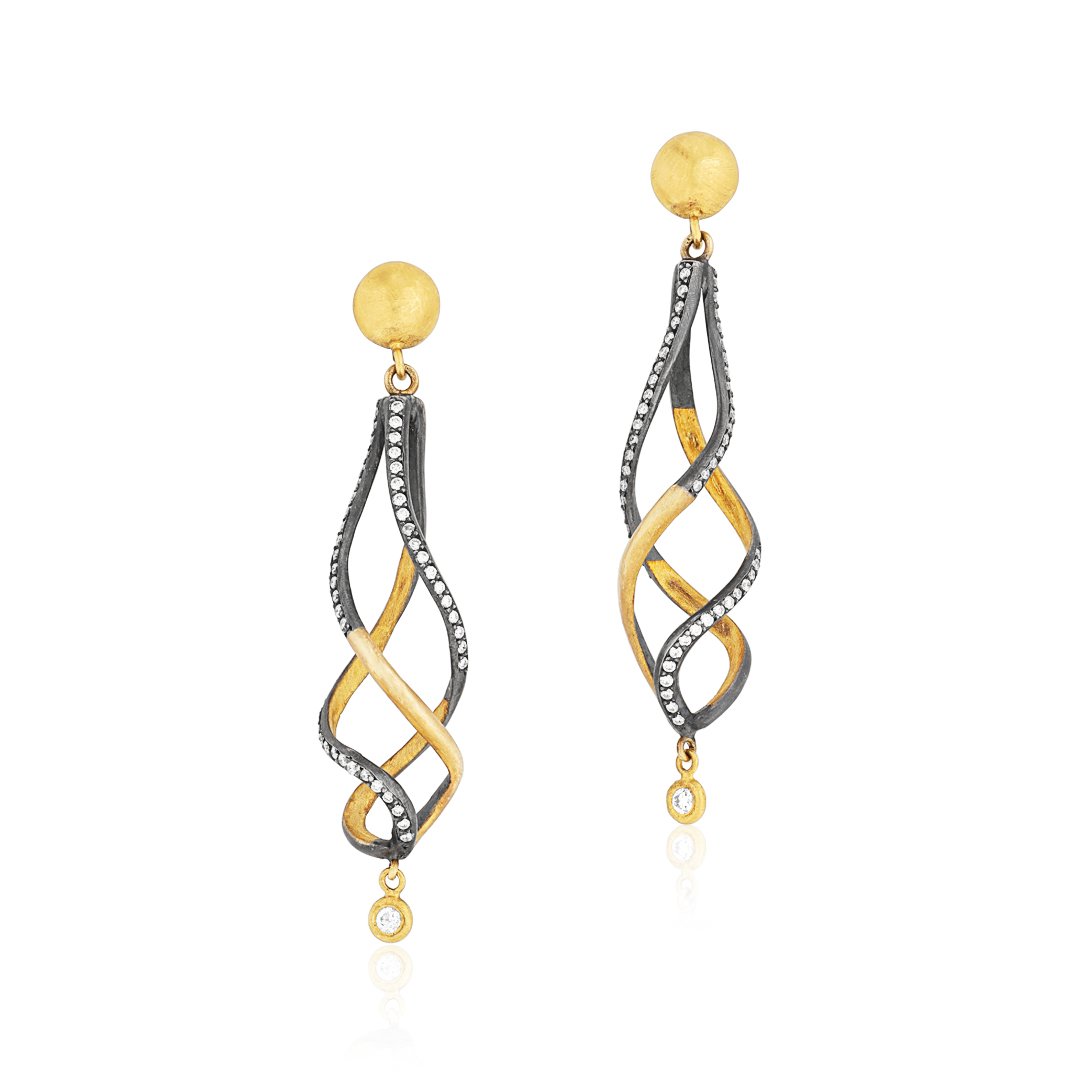 Oxidized Sterling Silver and 22K Yellow Gold Diamond Earrings