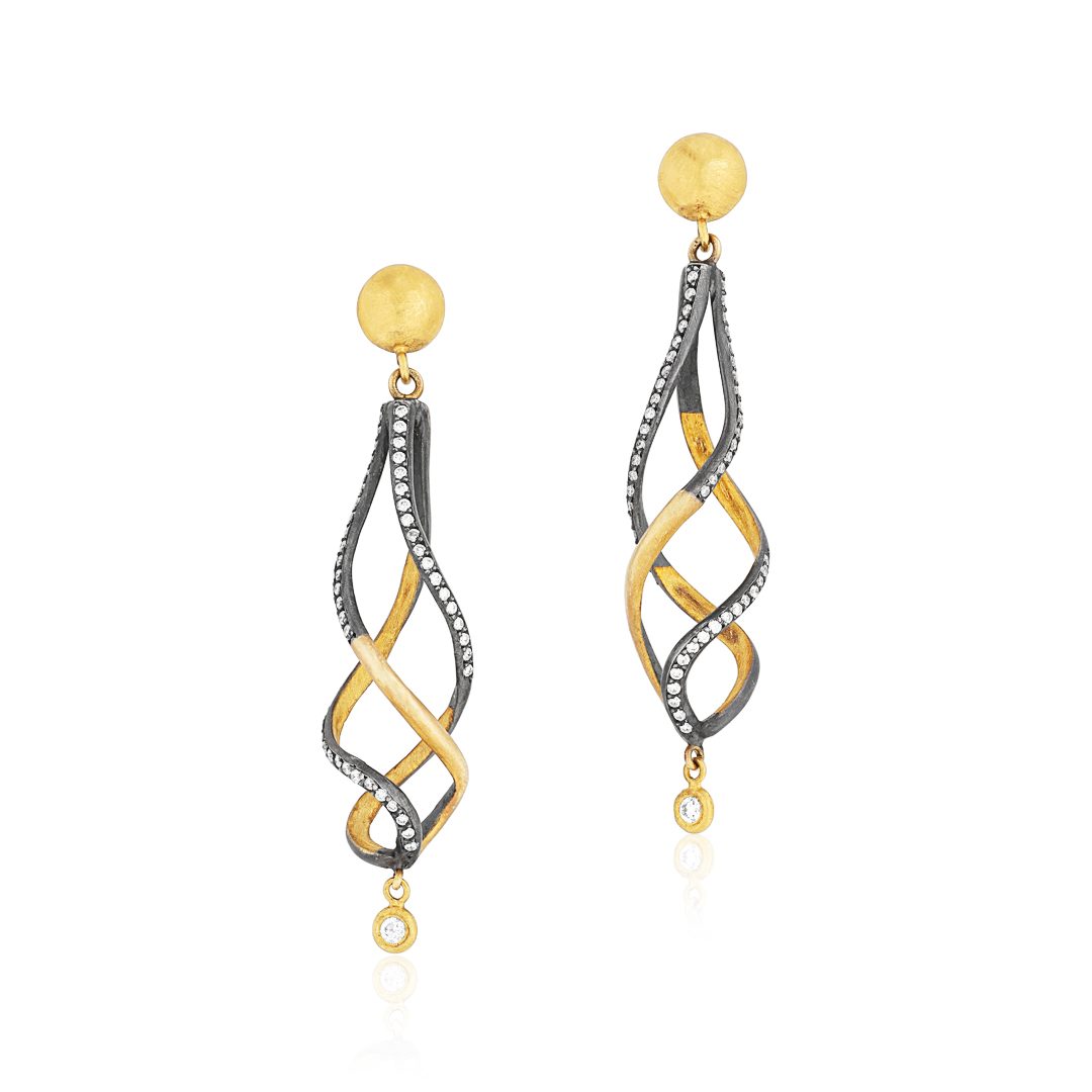 Oxidized Sterling Silver and 22K Yellow Gold Diamond Earrings itemprop=