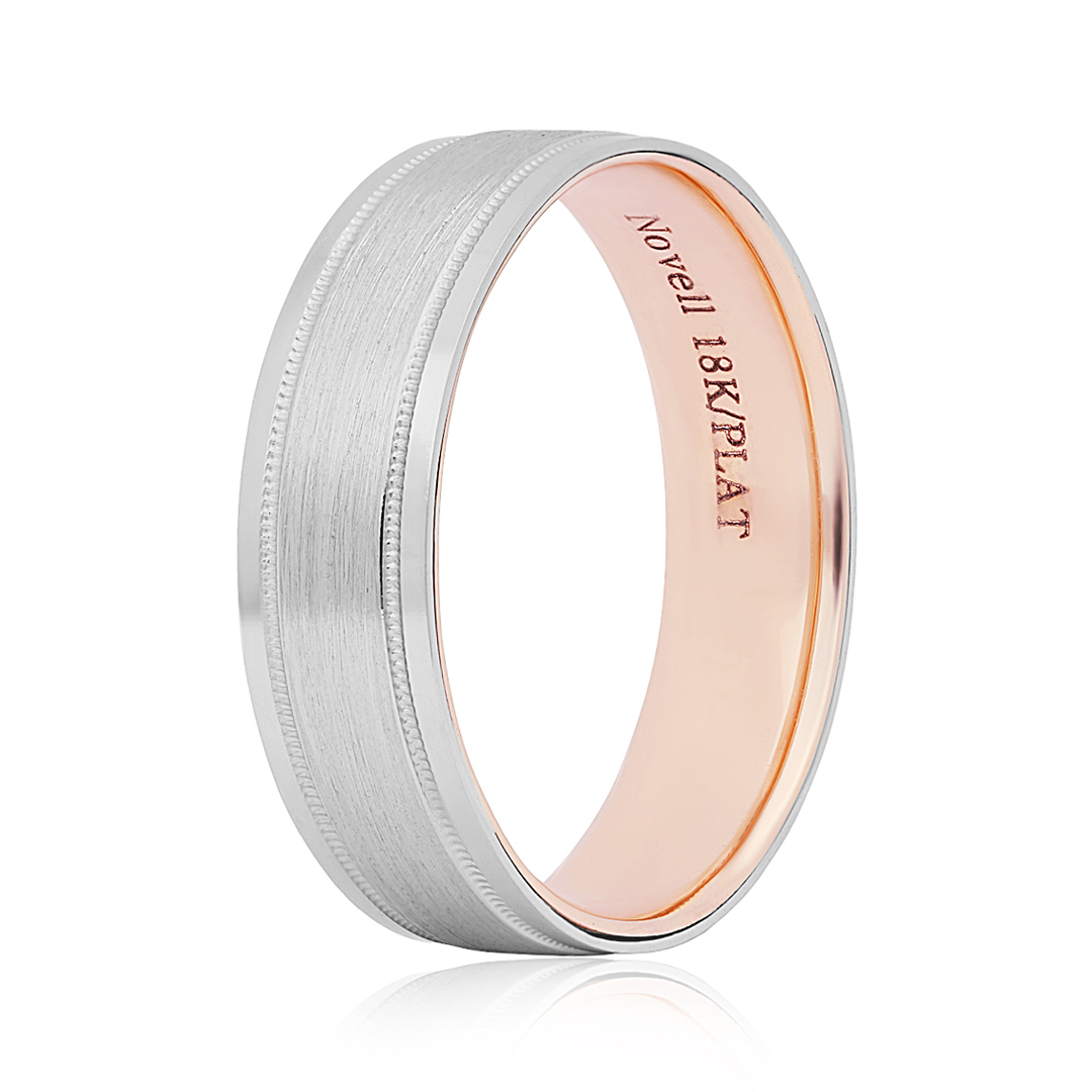 18K Rose Gold And Platinum Brushed Finish Grooved Men's Wedding Band