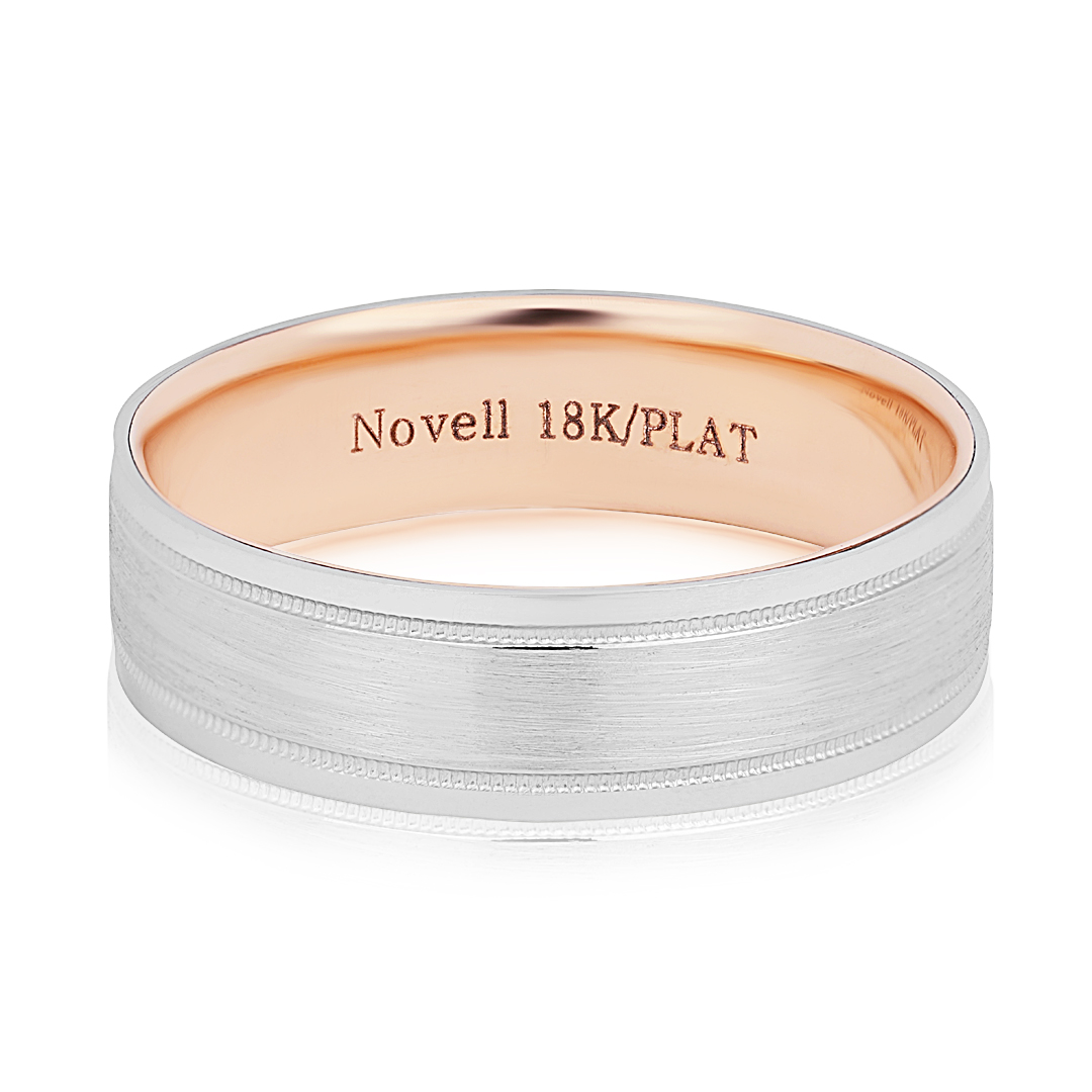 18K Rose Gold And Platinum Brushed Finish Grooved Men