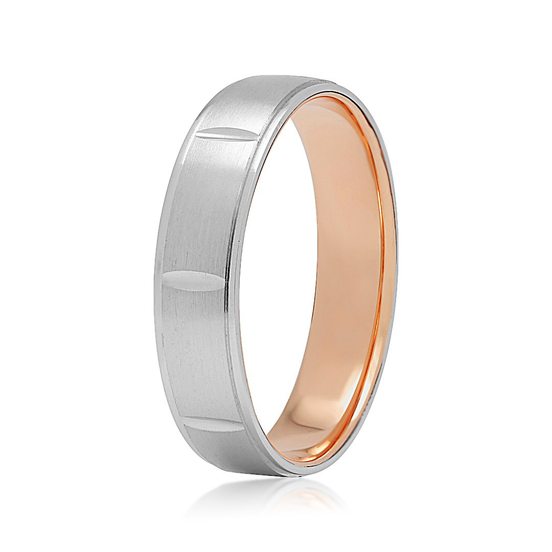 18K Rose Gold and Platinum Vertical Grooved Men's Wedding Band