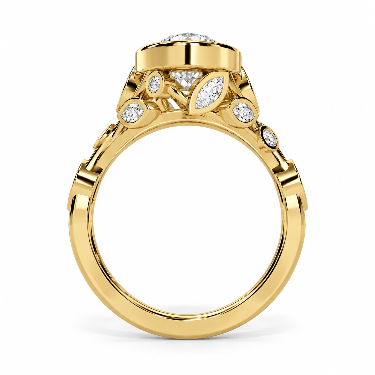 3.00 Carat Lab-Grown Oval Diamond Bezel-Set Floral Engagement Ring in 14K Yellow Gold l Size 6