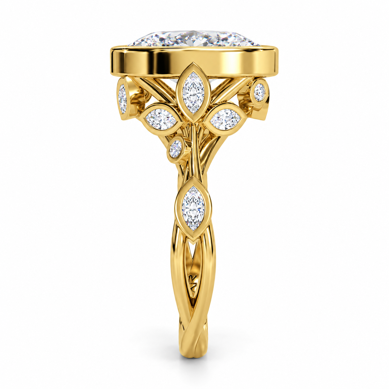3.00 Carat Lab-Grown Oval Diamond Bezel-Set Floral Engagement Ring in 14K Yellow Gold l Size 6