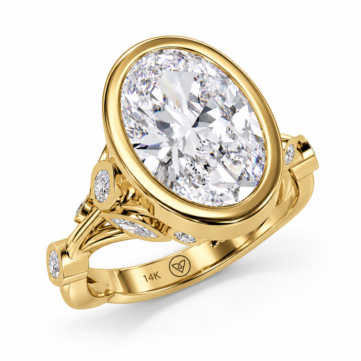 3.00 Carat Lab-Grown Oval Diamond Bezel-Set Floral Engagement Ring in 14K Yellow Gold l Size 6