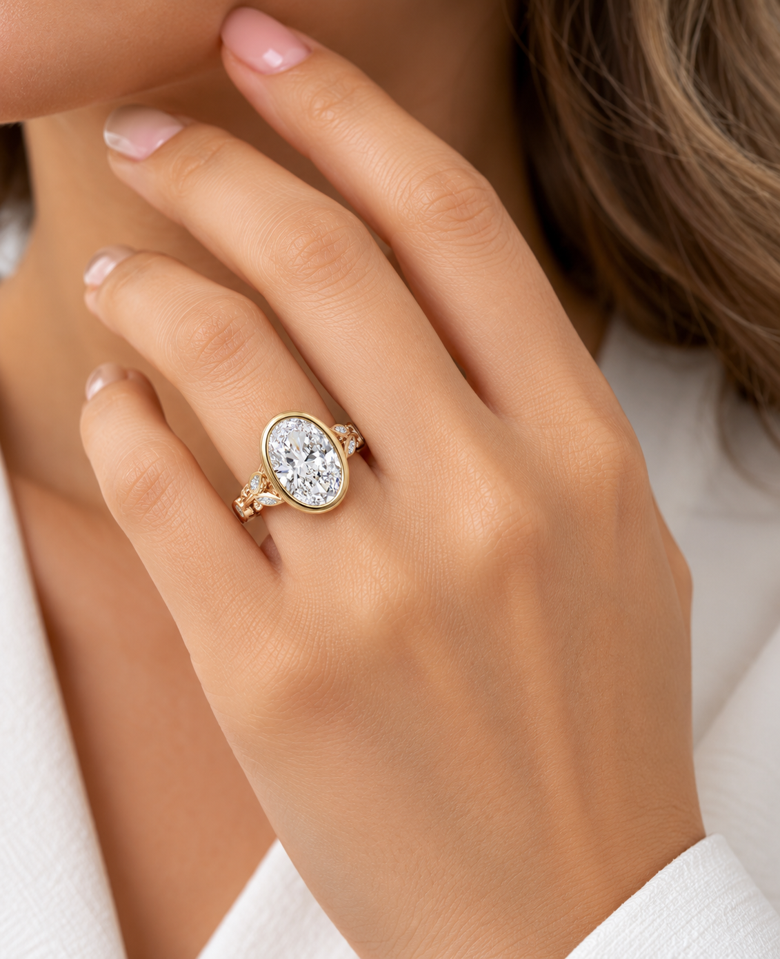 3.00 Carat Lab-Grown Oval Diamond Bezel-Set Floral Engagement Ring in 14K Yellow Gold l Size 6