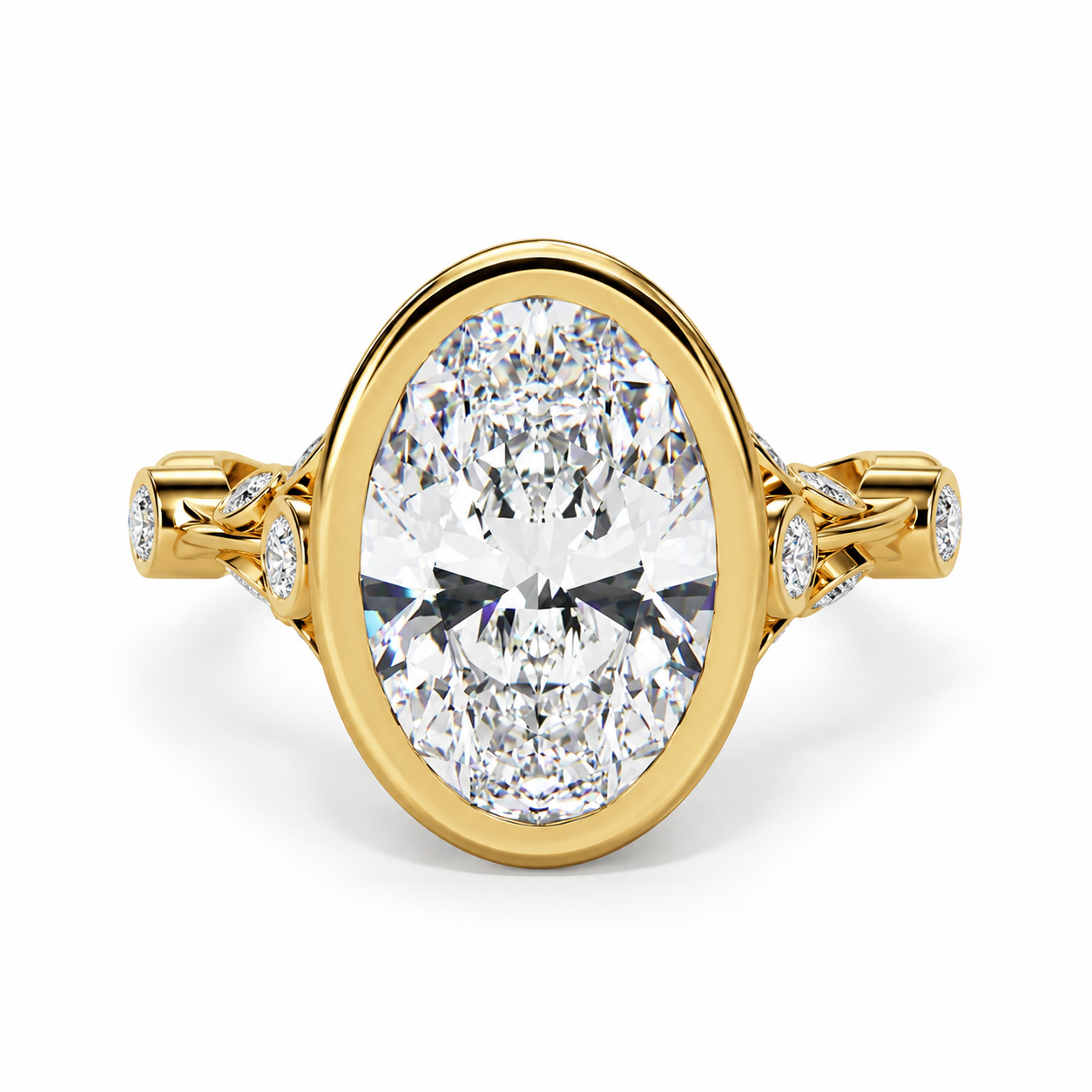 3.00 Carat Lab-Grown Oval Diamond Bezel-Set Floral Engagement Ring in 14K Yellow Gold l Size 6