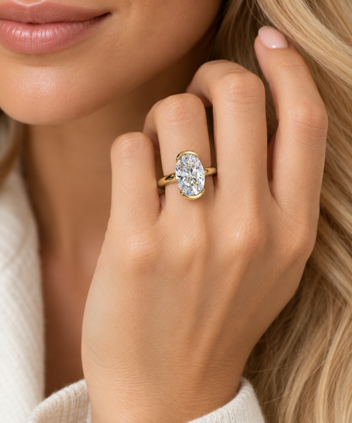 3.00 Carat Lab-Grown Oval Diamond Semi-Bezel Engagement Ring in 14K Yellow Gold l Size 6