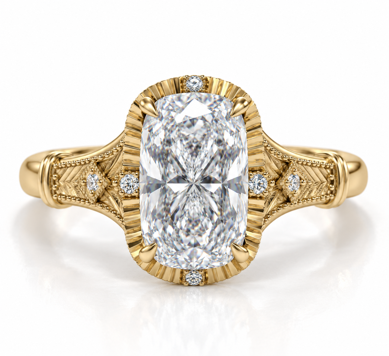 3.00ct Elongated Cushion Lab-Grown Diamond Vintage-Inspired Ring in 14K Yellow Gold l Size 6