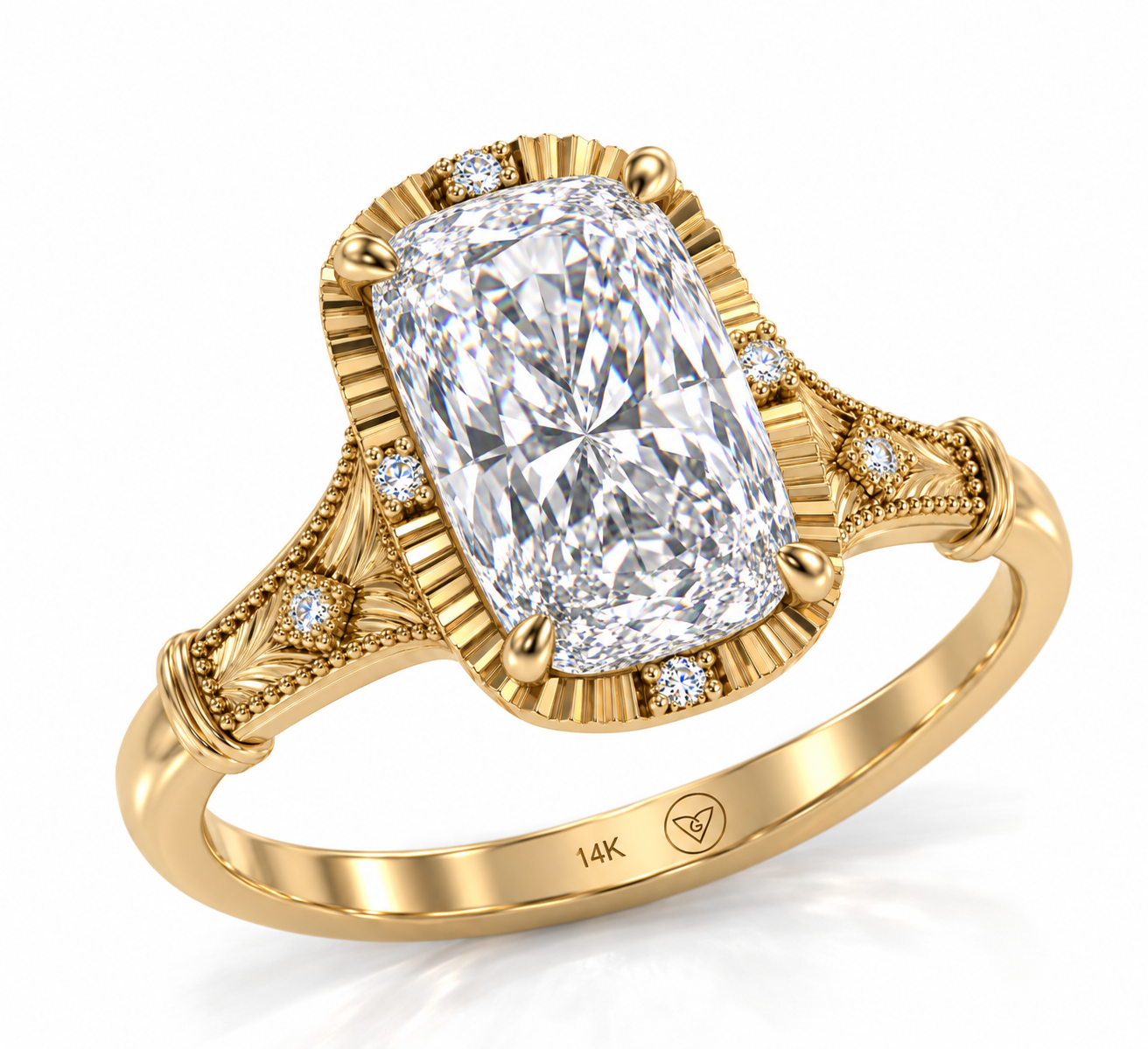 3.00ct Elongated Cushion Lab-Grown Diamond Vintage-Inspired Ring in 14K Yellow Gold l Size 6