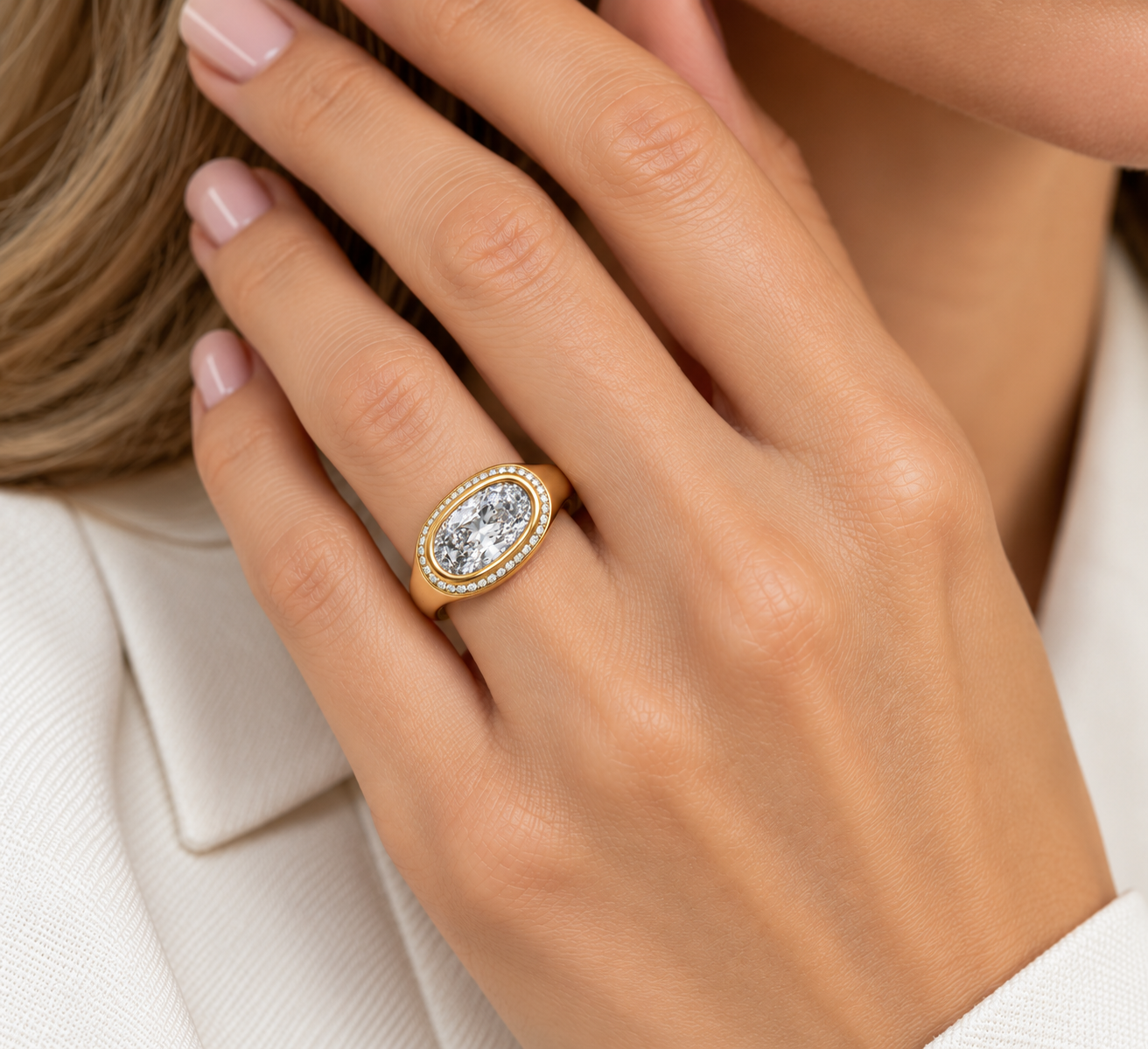 3.00ct Elongated Cushion Lab-Grown Diamond Bezel & Hidden Halo Ring
