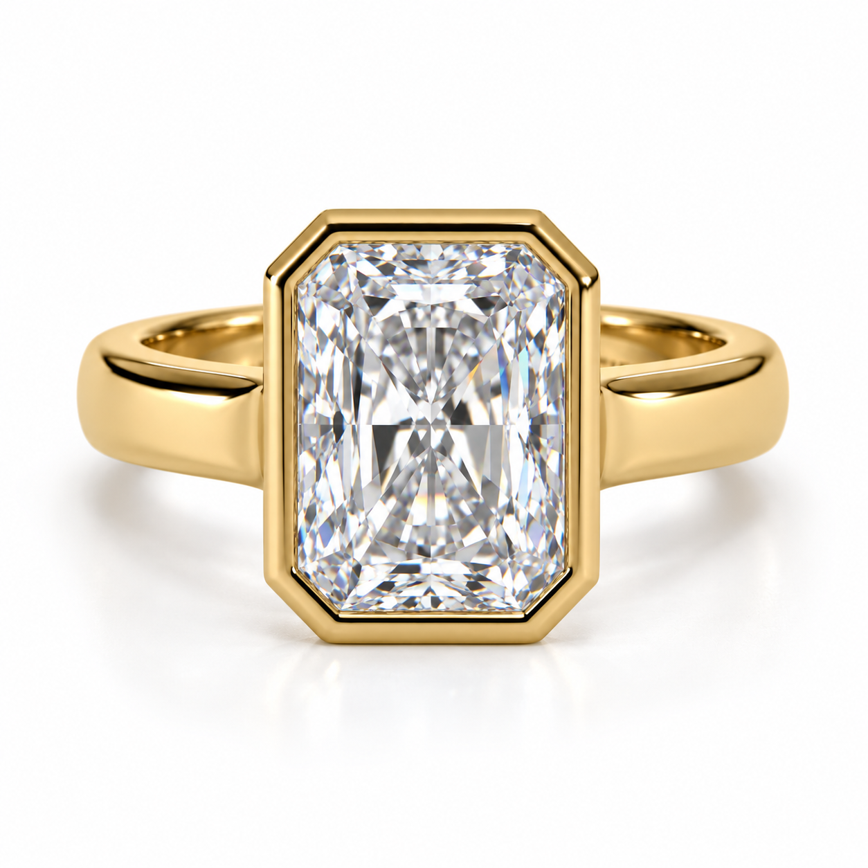 3.00 Carat Radiant Cut Lab-Grown Diamond Bezel-Set Solitaire Ring in 14k yellow Gold l Size 6