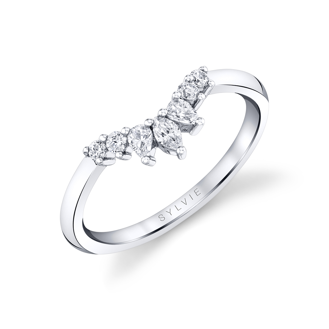 White Gold Curved Pear and Round 1/4ctw Diamond Band l SYLVIE