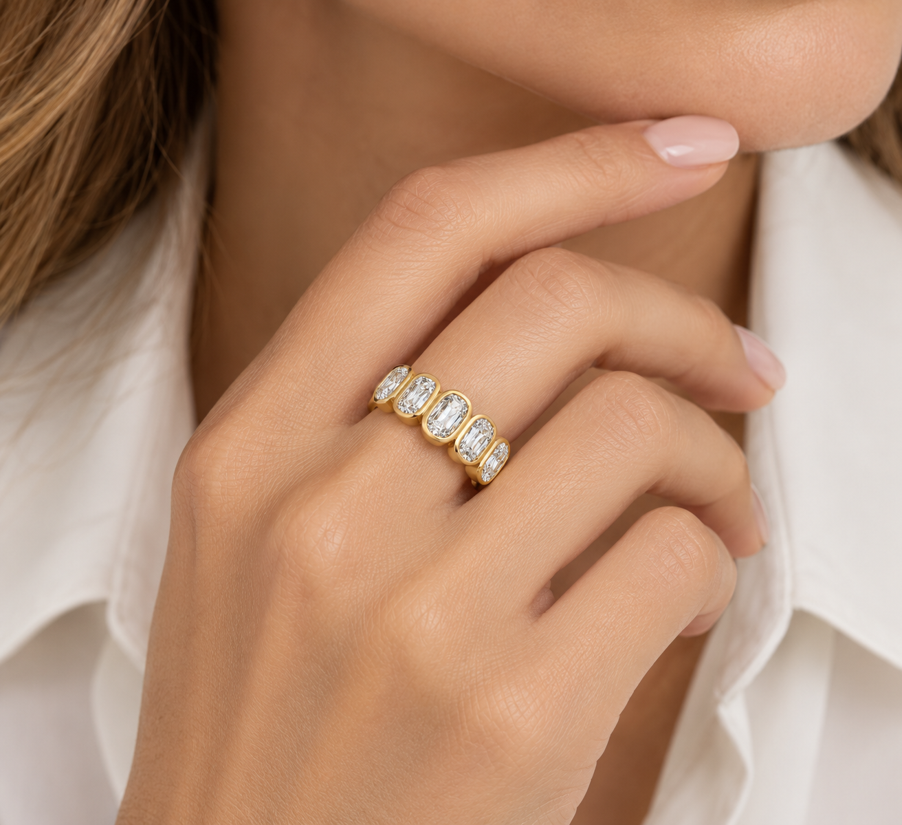Cushion Mine-Cut Lab-Grown Diamond Band Ring in 14K Yellow Gold l Size 6