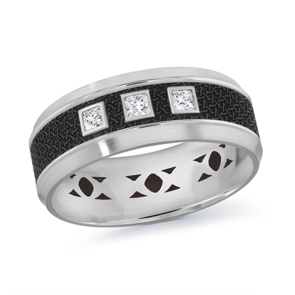 3/20ctw Diamond Three-Stone White Gold and Black Carbon Fiber Comfort Fit Wedding Band | 8mm