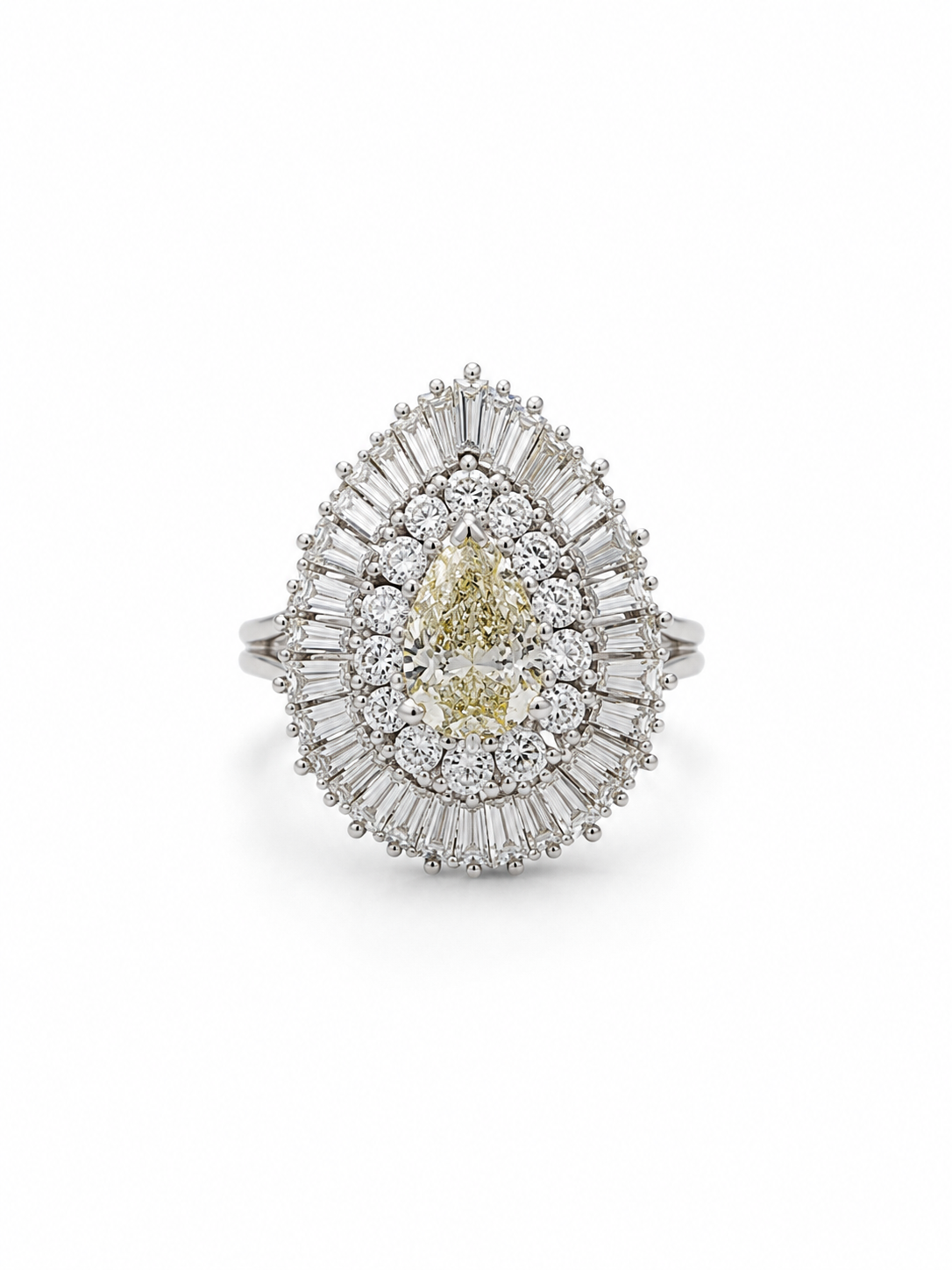 Platinum Ballerina design handmade wire gallery Vintage cocktail ring set with 1.73ct L SI2 Pear shape Brilliant cut Diamond and  3.06ctw F-H VS-SI Round and Baguette cut diamonds