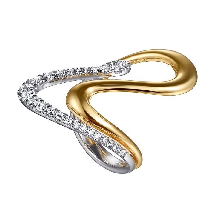 GABRIEL & CO. White and Yellow Gold Graduating Diamond Twisted Ring