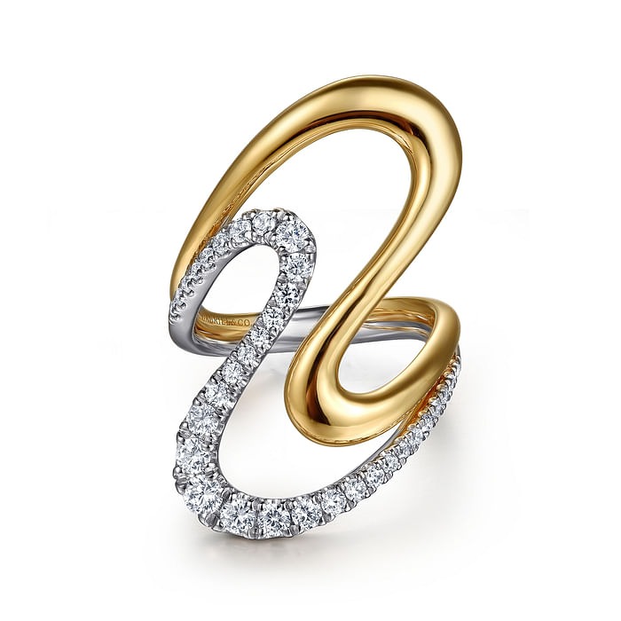 GABRIEL & CO. White and Yellow Gold Graduating Diamond Twisted Ring