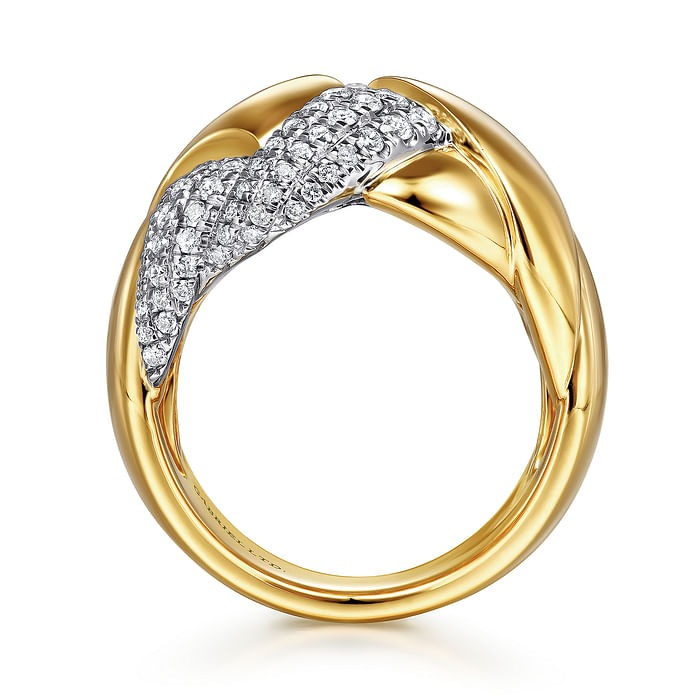 GABRIEL & CO. White and Yellow Braided Gold and Diamond Wide Band Ring