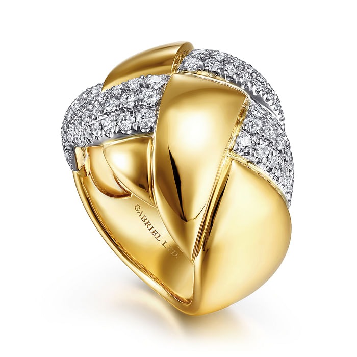 GABRIEL & CO. White and Yellow Braided Gold and Diamond Wide Band Ring