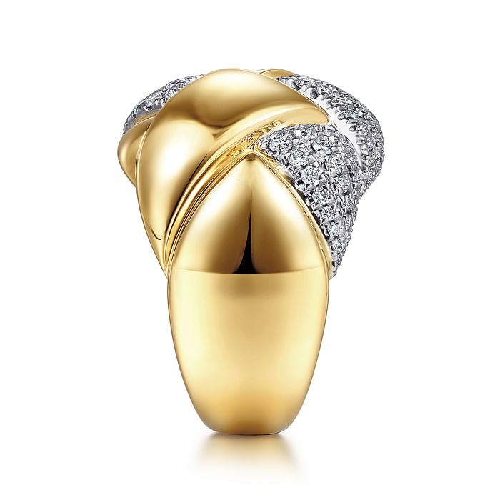 GABRIEL & CO. White and Yellow Braided Gold and Diamond Wide Band Ring