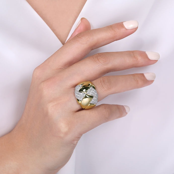GABRIEL & CO. White and Yellow Braided Gold and Diamond Wide Band Ring