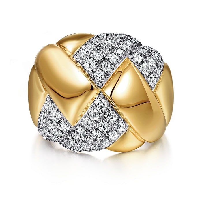GABRIEL & CO. White and Yellow Braided Gold and Diamond Wide Band Ring