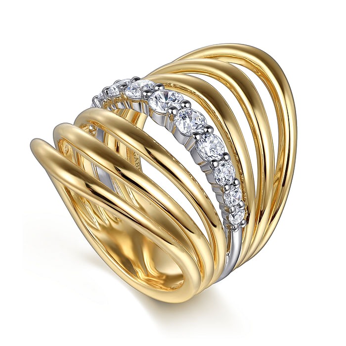 GABRIEL & CO. White and Yellow Gold Diamond Wide Band Ring
