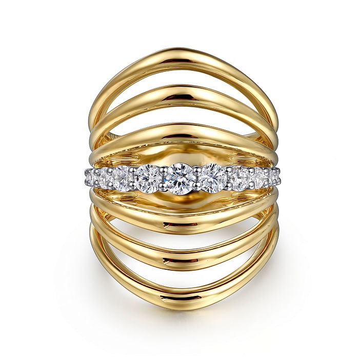 GABRIEL & CO. White and Yellow Gold Diamond Wide Band Ring