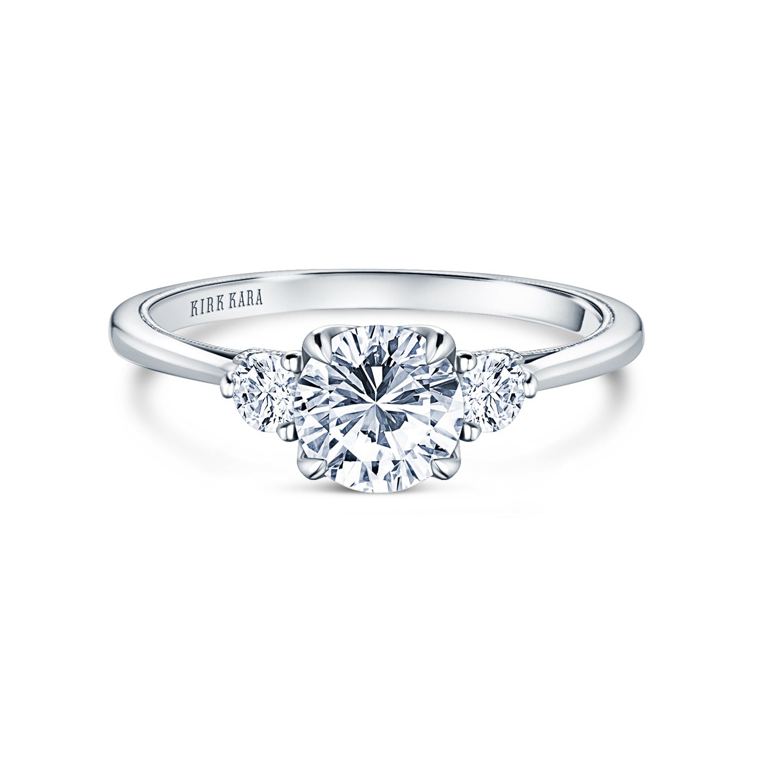 14kw.24ctw SI1/GH Diamond Kirk Kara Stella Collection 3 Stone Mounting for 5mm round center Serial#154728