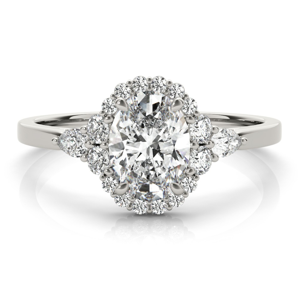 White Gold Oval cut Three Stone Halo Diamond Engagement Ring