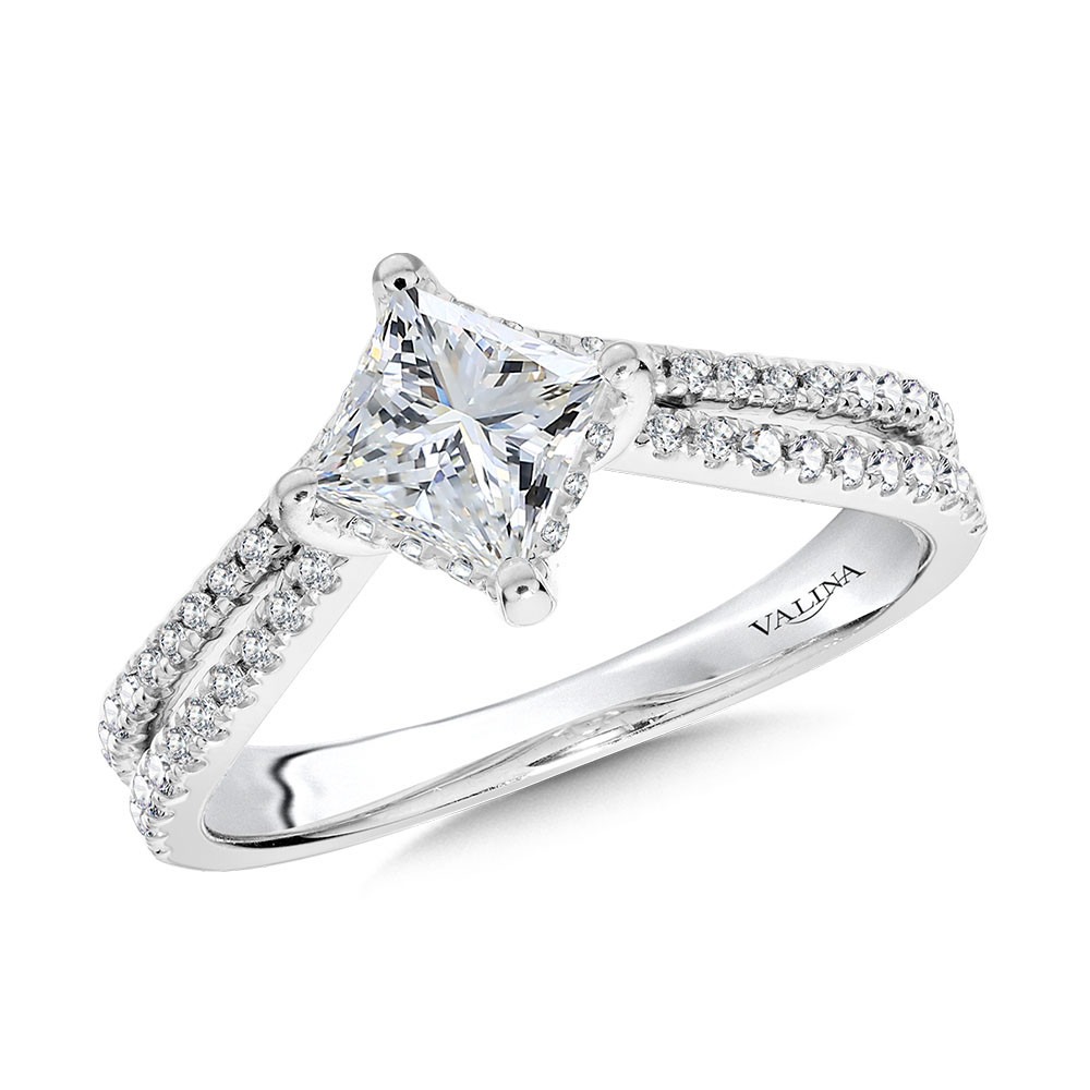 White Gold 1/4ctw Princess-cut Hidden Halo Split Chevron-shaped Diamond Engagement Ring l VALINA
