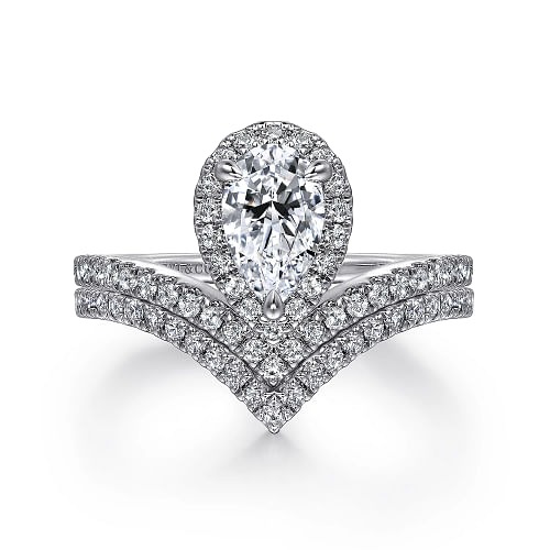 White Gold Pear Shaped Halo Chevron Engagement Ring
